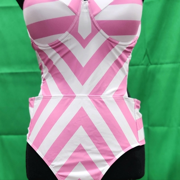 new pink and white stripe bathing suit swimsuit size xl pinup 50s retro barbie - Picture 3 of 11